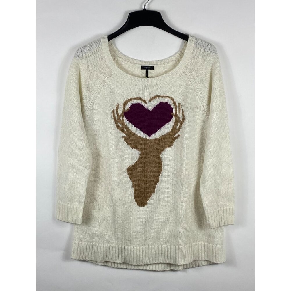 Nollie Deer Heart Knitted Pullover Sweater Cream Large Women's F86